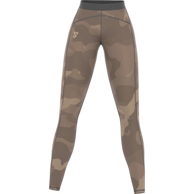 women's SMMASH push-up sports leggings, DUNE collection - desert camouflage in beige, sand and brown with a grey waistband, front view