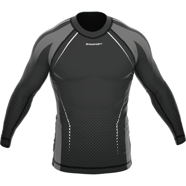 men's SMMASH long sleeve compression rash guard, CARBON collection - black with graphite shoulder panels and white piping, front view with the white SMMASH lettering on the chest